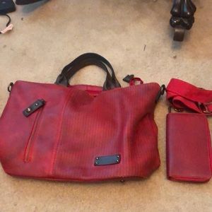 Red hand bag with matching wallet and shoulder strap, NWOT, never used